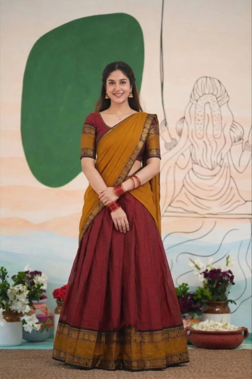 Deep Maroon with Mustard Yellow Kanjivaram Silk Lehenga
